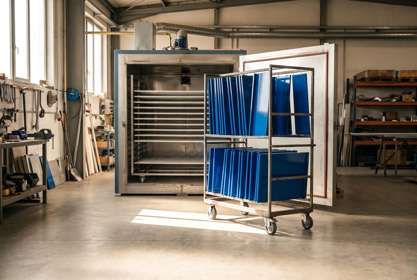 Frisch beschichtete enzianblaue Tablare kühlen vor dem Einbrennofen aus